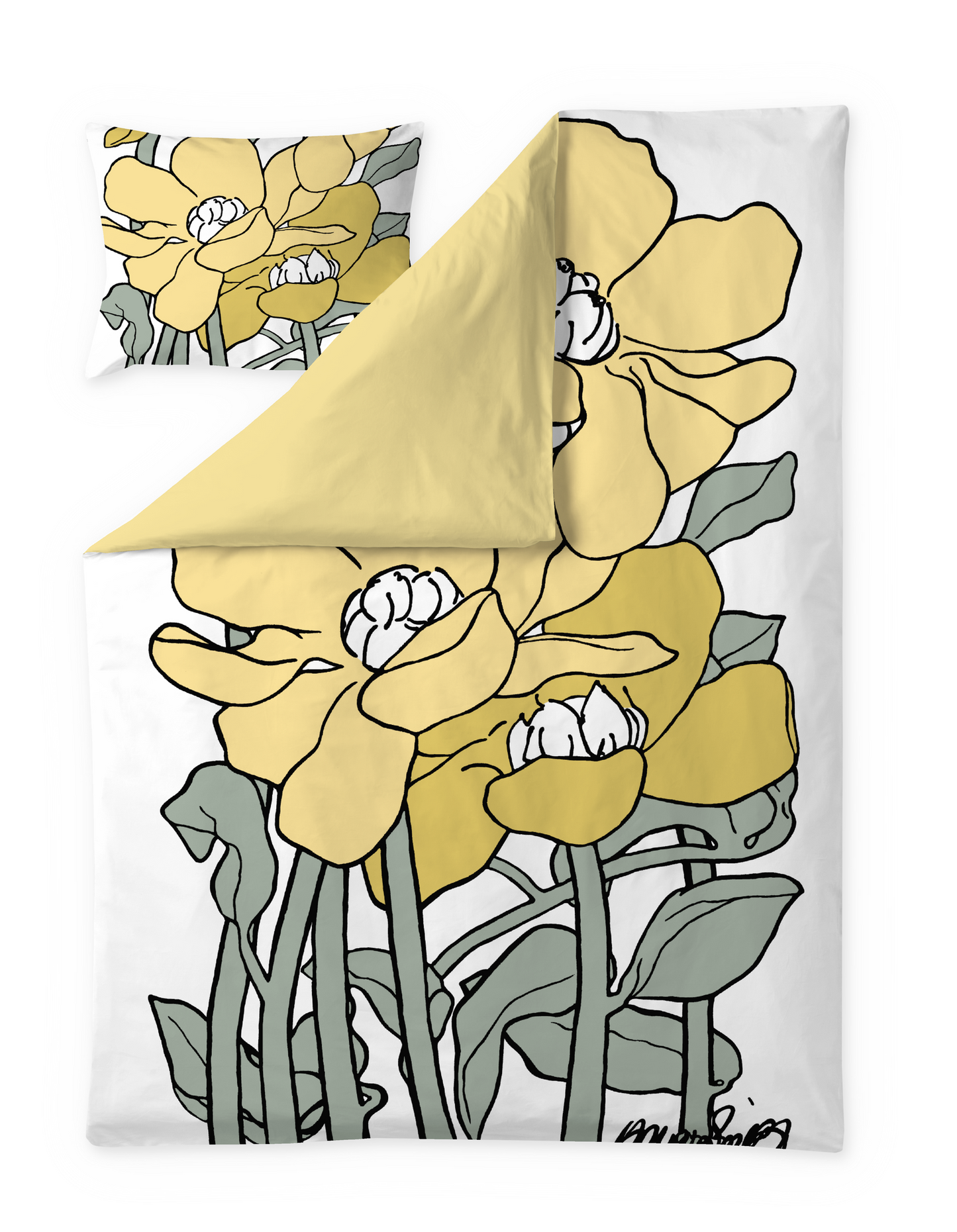 109145-2372; Vallila Olivia-pussilakanasetti Keltainen-salvianvihreä / 150x210 cm