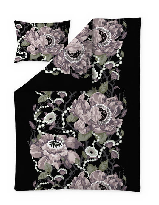108800-4099; Vallila Romanssi-satiinipussilakanasetti Roosa-musta / 150x210 cm