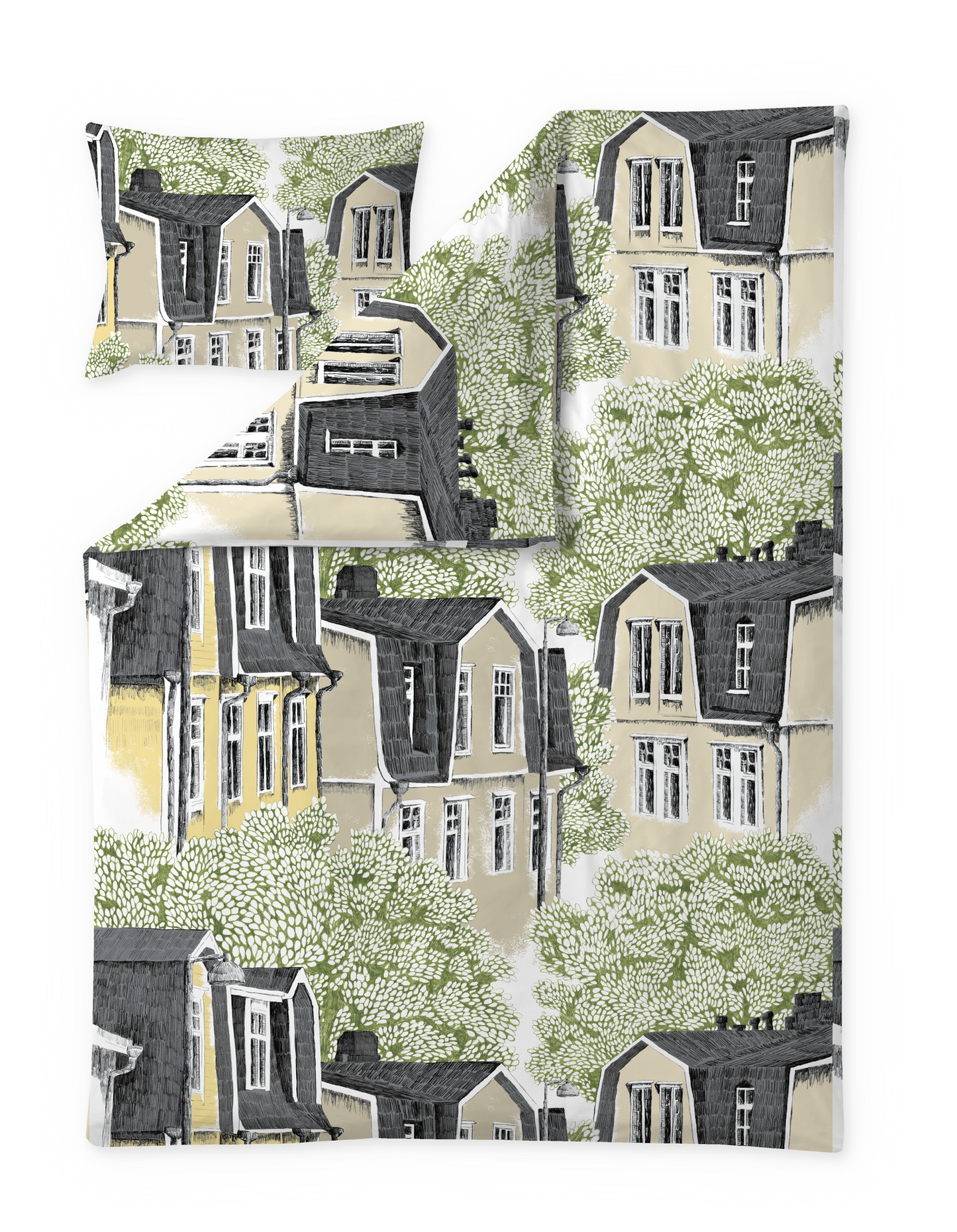 107243-7423; Vallila Puukylä-pussilakanasetti Vihreä-keltainen / 150x210 cm