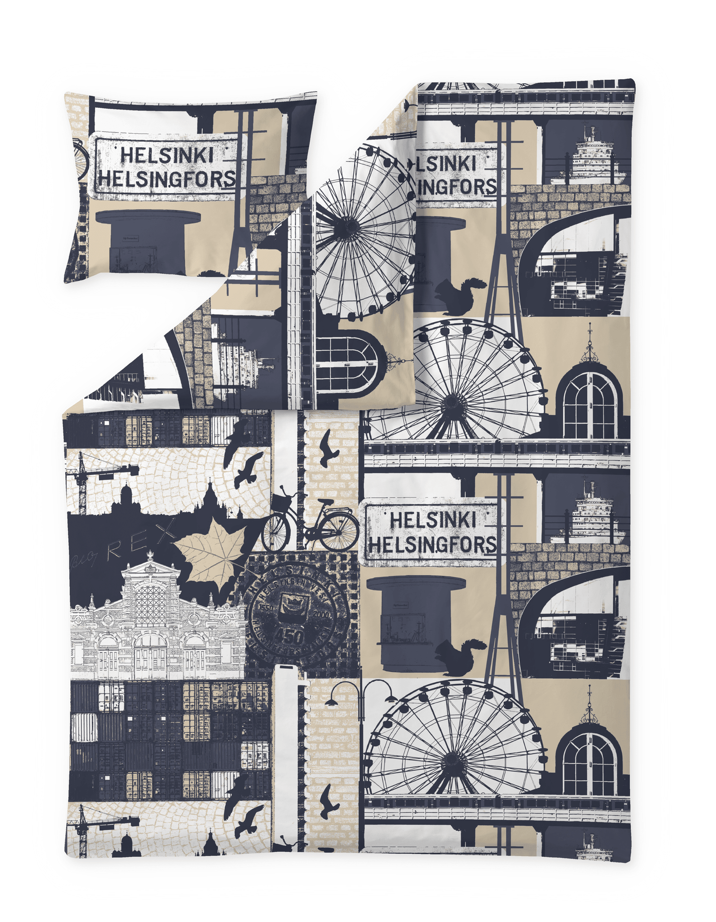 102536-1067; Vallila Helsinki-pussilakanasetti Beige-sininen / 150x210 cm