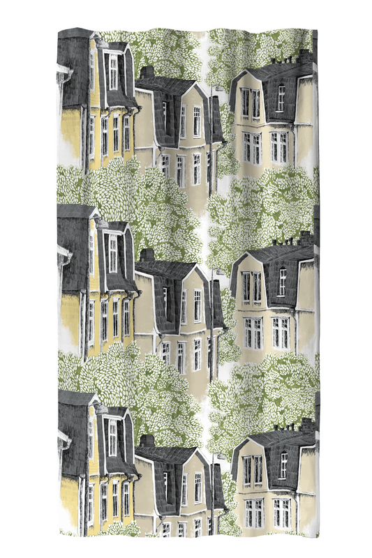 107166-7423; Vallila Puukylä-verho Vihreä-keltainen / 140x250 cm 