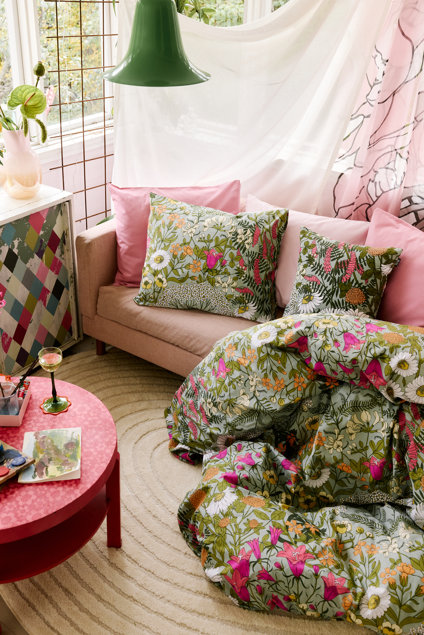 109037-7343_1; Vallila Ahomaa-pussilakanasetti Vihreä-pinkki / 150x210 cm 