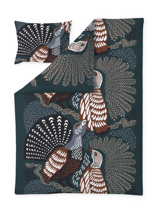 109313-7913; Vallila Metsänvartijat-pussilakanasetti Teal-ruskea / 150x210 cm 