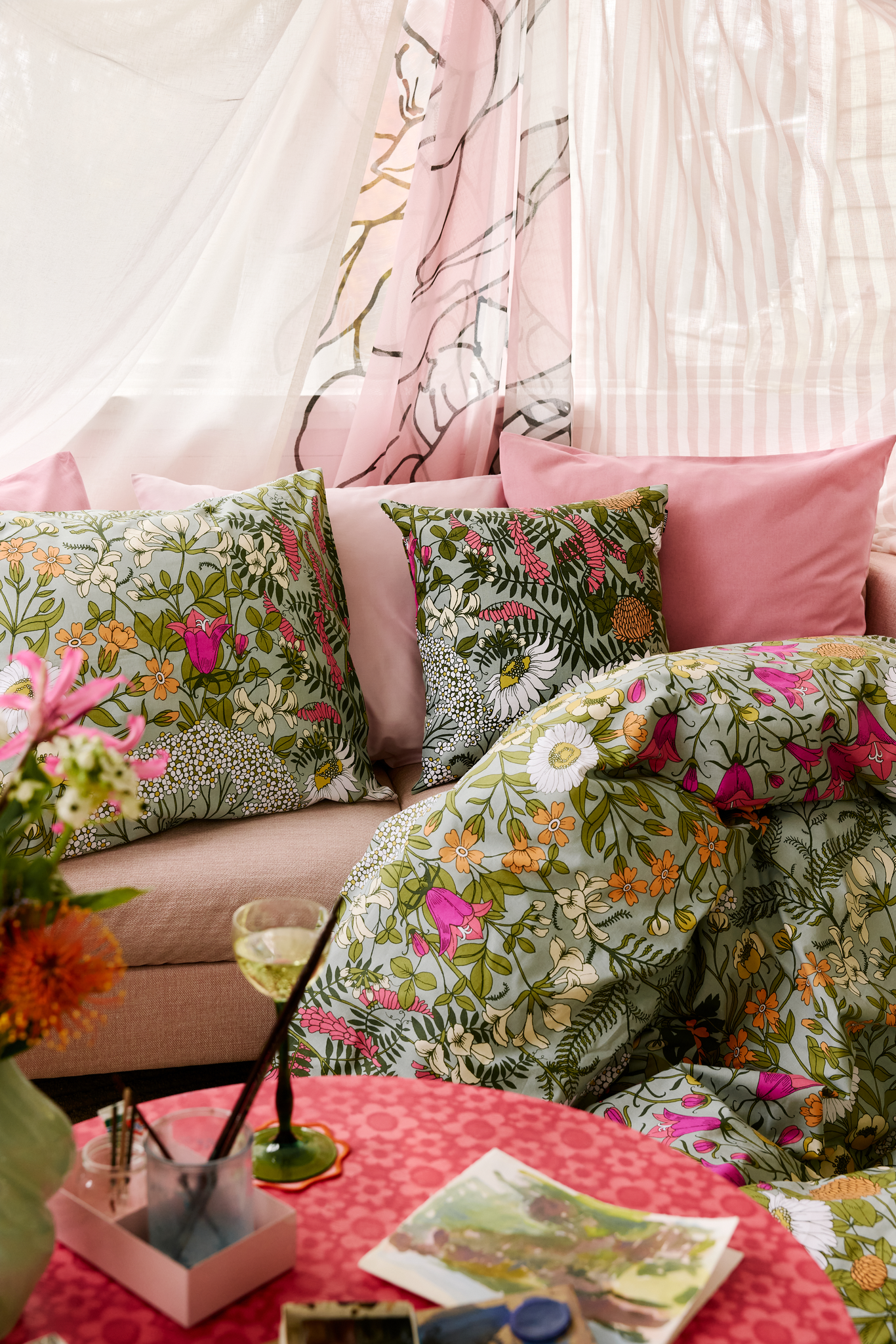 109037-7343_2; Vallila Ahomaa-pussilakanasetti Vihreä-pinkki / 150x210 cm 