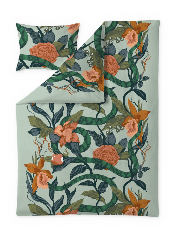 109122-7130; Vallila Kielletty puutarha -satiinipussilakanasetti Vihreä / 150x210 cm 