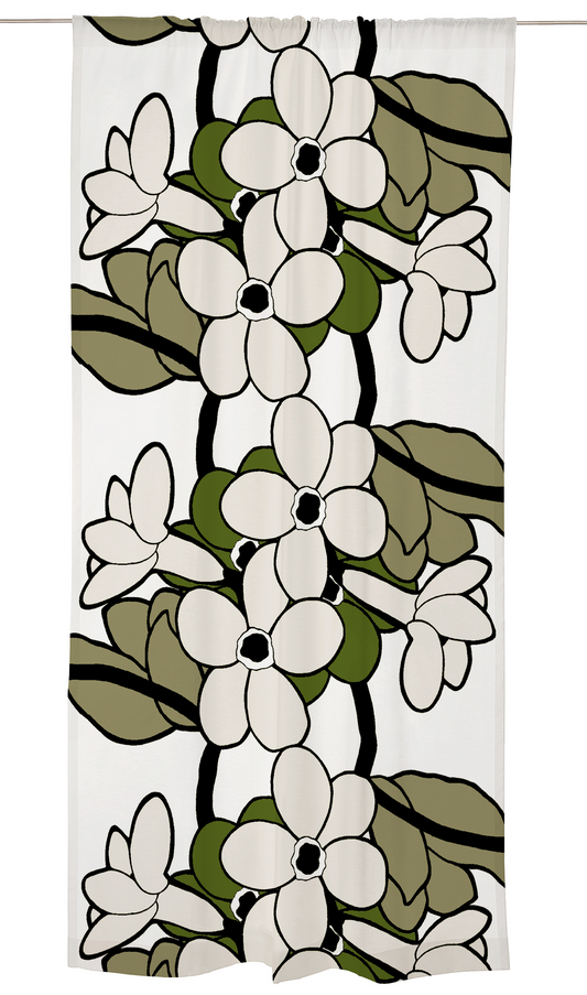 107208-24; Vallila Kukkatarha-verho Sammaleenvihreä / 140x250 cm 